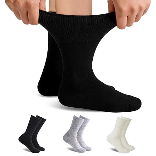 Forcool 3 Pairs Merino Wool Diabetic Crew Socks Loose Top Extra Wide Non-Binding Cushioned for Men and Women, Black Grey Beige, Medium - Image 1