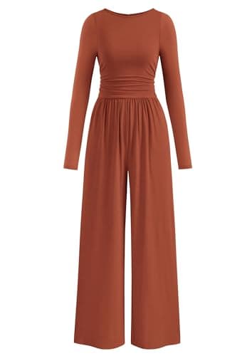 PRETTYGARDEN One Piece Jumpsuits for Women Dressy Casual Long Sleeve Crewneck Wide Leg jumpers Rompers Fall Fashion Outfits 2026 (Brick Red, S) - Image 1