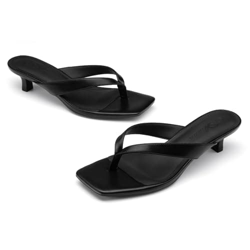 Athlefit Black Kitten Heels for Women Flip Flops Square Open Toe Summer Short Low Heels Slip On Dress Thong Sandals Black Size 8 - Thumbnail 6
