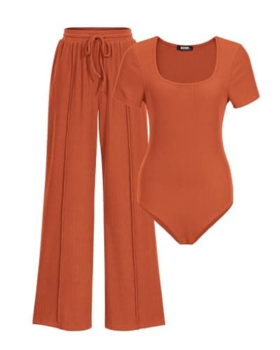 BTFBM Womens Summer 2 Piece Outfits 2026 Square Neck Short Sleeve Drawstring Pants Knit Spring Lounge Matching Sets(Orange, Medium) - Image 1