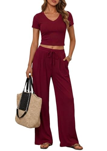 PRETTYGARDEN 2 Piece Sets for Women Summer 2026 Spring Lounge Set Matching V Neck Tops Wide Legs Pants Airport Travel Outfits (Wine Red,Large) - Image 1