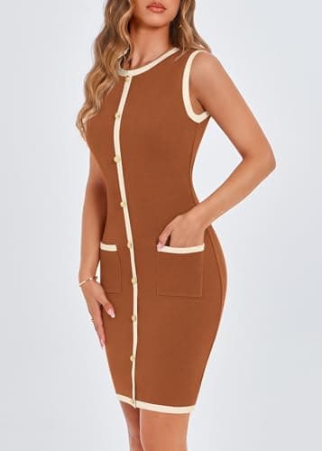 KIRUNDO Women's Work Business Casual Dress 2026 Summer Cocktail Semi Formal Office Elegant Classy Knit Color Block Dresses(Caramel, Small) - Thumbnail 6