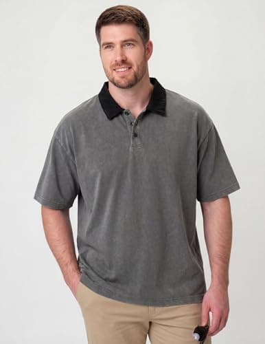 Vamtac Mens Oversized Polo Shirts Vintage Y2k Shirt Acid Wash Heavyweight Cotton Tee Short Sleeve Streetwear Tops Grey - Thumbnail 3