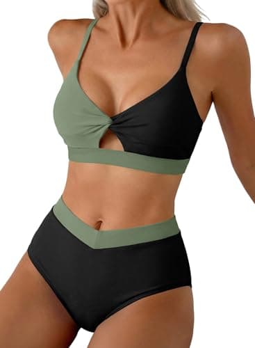 Herseas Tummy Control Swimsuits for Women Sporty Color Block Bikini Set Summer Cruise Beach Vacation Essentials Swimming Wear Neon 2 Piece Bathing Suits Army Green Medium - Image 1