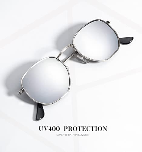 KALIYADI Sunglasses for Women and Men, Polarized Square UV Protection, Trendy Metal Frame Hexagon Sunglasses (Silver Frame Silver Lens) - Thumbnail 4