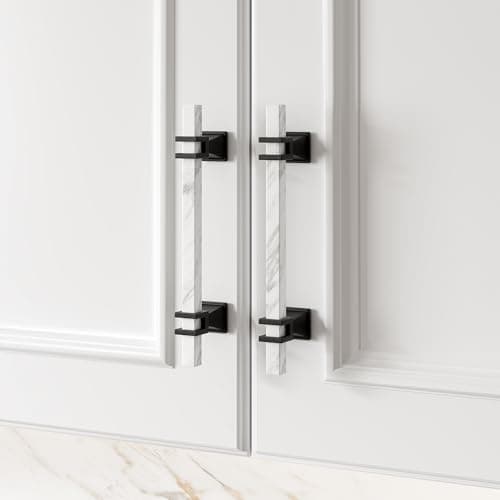 Haliwu 10 Pack White Marble Grain Cabinet Pulls, 5 inch Black Kitchen Handles, 2 Tone Solid Square Dresser and Drawer Hardware - Thumbnail 3