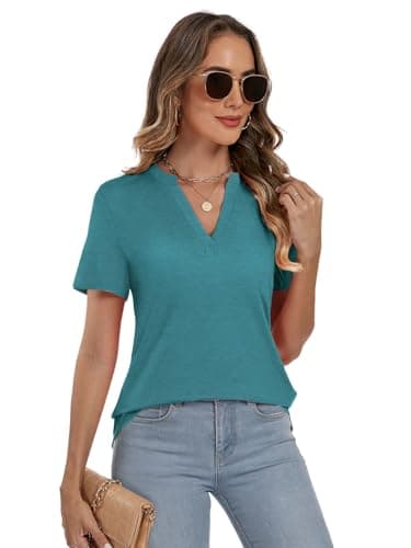 YESTTO Womens V Neck Summer Tops Short Sleeve T Shirts Loose Fit Casual Tee Trendy Basic Tops Lightweight Breathable Fashion Clothes 2026 Cyan - Thumbnail 4