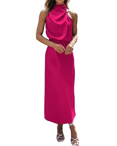 BTFBM Cocktail Dresses for Women Summer Satin Silk Sleeveless Mock Neck Maxi Wedding Guest Dress Fall Outfits 2026(Rose Red, X-Large) - Image 1