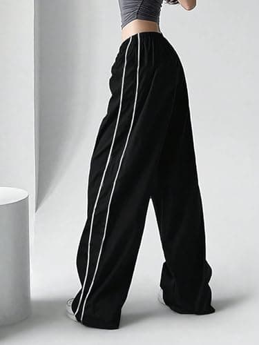 ZAFUL Womens Parachute Pants Y2K Wide Leg Cargo Sweatpants Drawstring Waist Jogger Pants with Pockets 3-Black XXL - Thumbnail 2