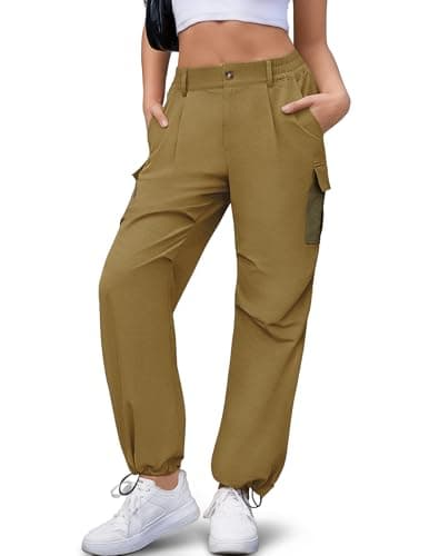 LOOKBOHO Cargo Pants Women Summer 2026 Contrast Pockets Lightweight Travel Hiking Drawstring Casual Straight Leg Trousers Camel Small - Image 1