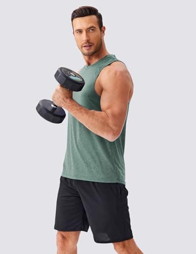 PINSPARK Men's Tank Tops Quick Dry Bodybuilding Muscle Shirts Lightweight Breathable Sleeveless Shirts Athletic Gym Workout Tank L Green - Thumbnail 2