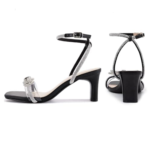 Athlefit Black Rhinestone Bow Heels for Women Open Square Toe Low Heels Ankle Strap Dressy Block Heeled Sandals Size 6 - Thumbnail 6