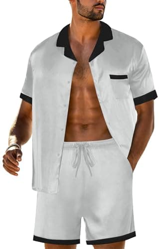 PrinStory Mens Pajamas Set Satin Silk Pajama For Men Sleepwear Shorts Summer 2 Piece Button Down Set Silver Gray Black 2XL - Image 1