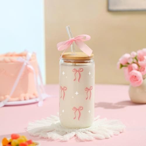 LANGASQUE Coquette Pink Bow Glass Cup with Lids and Straws, 16 oz Cute Glass Cup, Aesthetic Iced Coffee Tumbler with Gift Box Cleaning Brush for Teen Girls Gifts Trendy Stuff Women Girlfriends Gifts - Thumbnail 3