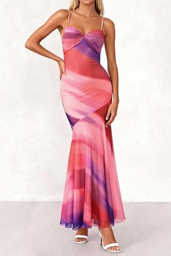 BTFBM Summer Dresses for Women 2026 Spaghetti Straps Sundress Twist Knot Mesh Mermaid Wedding Guest Dress Beach Vacation(Print Multicolour, Small) - Thumbnail 3