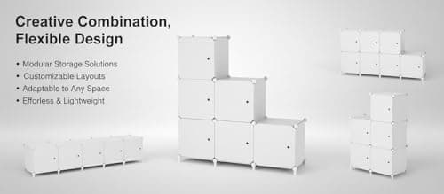 ATTDETJL Cube Storage Organizer, 6-Cube Shelves Unit with Doors, DIY Stackable Plastic Clothes Organizer for Bedroom and Under Stairs Storage Unit, Each Compartment 30 x 30 x 30 cm White - Thumbnail 5