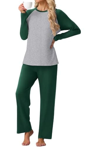 PrinStory Women's Pajamas Set Sleepwear Pjs loose-fit Long Sleeve Crewneck Shirts and Pant Soft Comfy Sleep Sets Dark Green L - Image 1