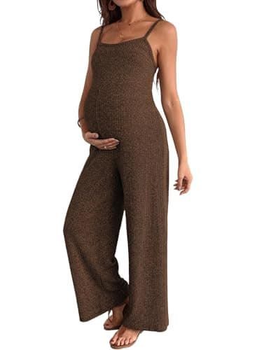 BLENCOT Jumpsuits for Women Casual Ribbed Adjustable Strap Sleeveless Wide Leg Pants Brown Jumpsuit Maternity Clothes XX-large - Image 1