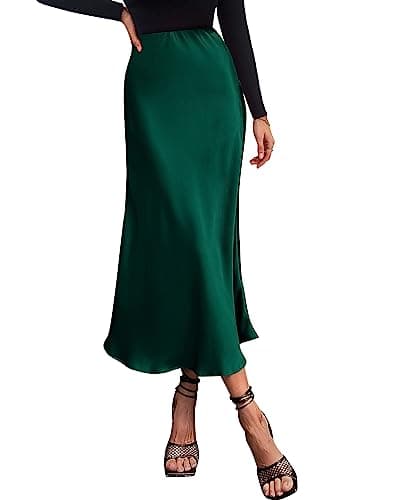 BTFBM 2026 Summer Womens Skirts Silk Elegant High Waist Flowy Long Satin A-Line Midi Skirt Cocktail Wedding Party(Dark Green, X-Large) - Image 1
