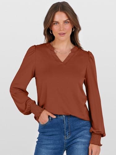 ANRABESS Women's Puff Long Sleeve Shirts V Neck Loose T-Shirts Dressy Casual Work Blouses 2026 Fall Tops Trendy Clothes Brown S - Thumbnail 2