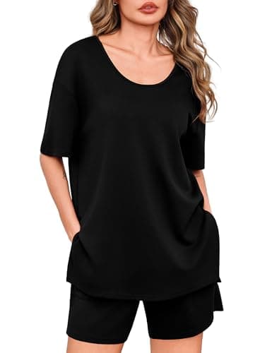 Totatuit 2 Piece Outfits for Women Short Set Summer Casual Casual Loose Fit Loungewear Sets Soft Pajamas for Airport Travel Black XX-Large - Image 1