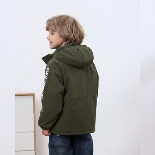 Boys' Waterproof skiing Jacket - Winter Fleece Lined Snowboarding Coat with Hood, Windproof Thermal Outer Shell for Kids Army Green 9-10 - Thumbnail 3
