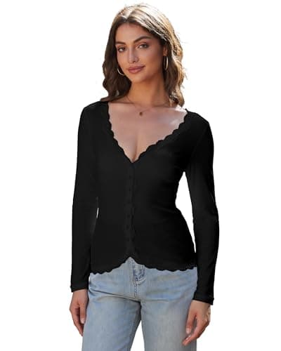 Homepeaz Cardigan for Women Cropped Lightweight V Neck Ribbed Knit Going Out Tops Button Down Shirts Lace Trimmed Semi-Sheer Long Sleeve Tops Fitted Basic Layer Gifts Black - Image 1