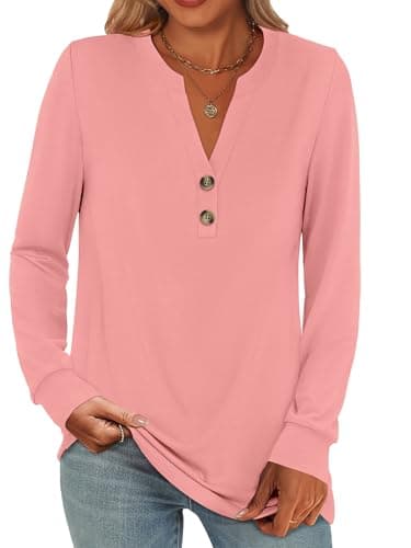 ANRABESS Women's Long Sleeve Shirts 2026 Spring Fashion Dressy Casual Tops Trendy Henley Blouses Cute Work Outfits Clothes Coral Pink X-Large
