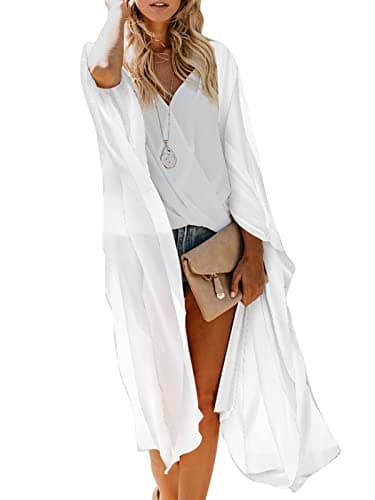 Women's Boho Long Kimono Cardigan Dusters Summer Lightweight Chiffon Sheer Beach Swimsuit Swimwear Bathing Suit Bikini Cover Ups Coverup Plus Size Resort Wear Solid Color White Large - Image 1