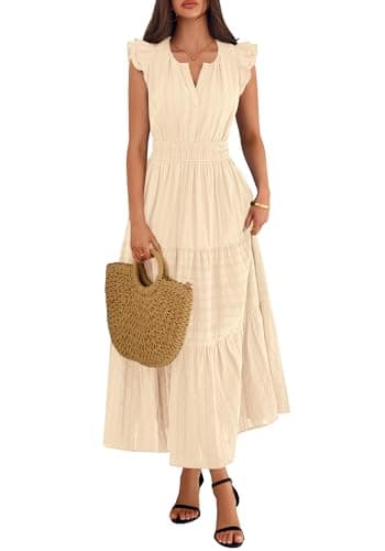BTFBM Womens Summer Maxi Dress 2026 Spring Boho Vacation Ruffle Flutter Short Sleeve A Line Tiered Flowy Dresses Pockets(Apricot, Small) - Thumbnail 6