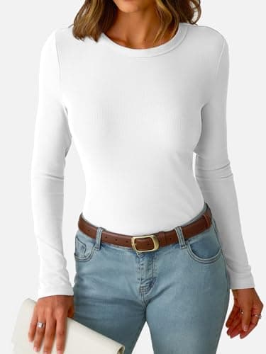 GKBK Womens Long Sleeve Ribbed Tops Fitted Stretch Casual Crewneck Basic Tee Shirts Tight Layering 2026 Fall Fashion Outfits White L - Thumbnail 3