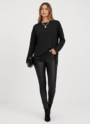 Tankaneo Women's Oversized Long Sleeve Tunic Tops Casual Crewneck Loose Fit T-Shirt with Side Slits 2026 Black - Thumbnail 3