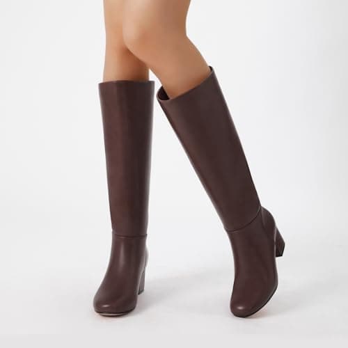 Athlefit Brown Knee High Boots for Women Chunky Low Heel Tall Boots Round Toe Fashion Pull On Booties Size 9 - Thumbnail 6