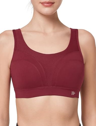 Yvette Supportive Adjustable Sports Bras for Women High Impact Support, Sewn-in Molded Cup Running Bra Large Bust No Bounce, Wireless Comfortable Workout HIIT with Hook & Eye Closure,Wine Red, 3XL+ - Thumbnail 2