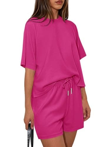 PRETTYGARDEN Women 2 Piece Lounge Sets Short Sleeve Shirts Workout Tops Shorts Matching Clothing 2026 Summer Vacation Outfits (Rose Red,XX-Large)