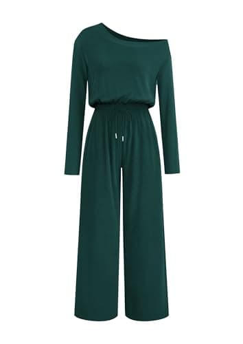 Lazysmile Jumpsuits For Women Dressy Long Sleeve Off Shoulder One Piece Wide Legs Rompers Casual Fall Outfits with Pockets