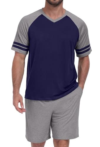 PrinStory Mens Pajamas Set Short Sleeve Lightweight and Soft Pajama Sets Summer Pjs Sets with Pockets Navy Blue Dark Gray-S - Thumbnail 2
