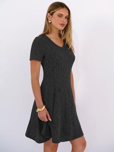 ANRABESS Womens Summer Dresses Casual Short Sleeve Ribbed Knit V Neck Swing A-Line 2026 Spring Vacation Tunics Short Dress Black Large - Thumbnail 4