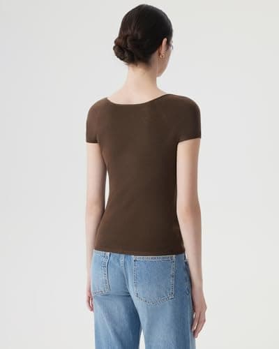 SUUKSESS Women Silk Cashmere Blend Short Sleeve Pullover Sweater Wide V Neck Tops Business Casual (Dark Brown, XL) - Thumbnail 3