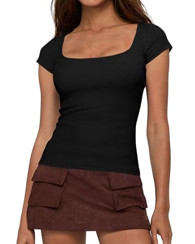 BTFBM Women Short Sleeve Tops Square Neck Ribbed Knit Basic Tee Shirt Y2K Casual Summer Clothes 2026 Spring Outfits(Black, Large) - Image 1