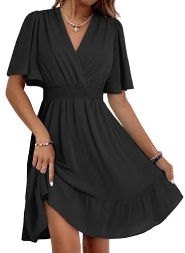 Dokotoo Womens Summer Dresses 2026 Deep V Neck Ruffle Waist Mini Dress Elegant Party Wedding Guest Sundresses Vacation Beach Outfits for Women Black Dress Small - Image 1
