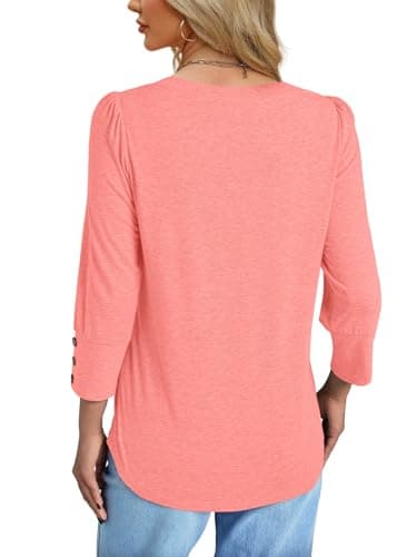 NORACORA Womens Tops 3/4 Sleeve with Buttons Dressy Casual Blouses for Women V Neck T Shirts Beach Vacation Spring Summer Outfits Coral XXL - Thumbnail 5