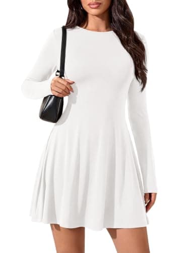 PRETTYGARDEN Crew Neck Long Sleeve Fall Dress for Women 2026 Casual Ribbed Knit Fit and Flare Elegant Homecoming Dresses (White, X-Large)