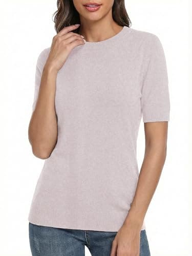 LaGracia Short Sleeve Sweater for Women Wool Blend Crewneck Business Casual Pullover Lightweight Sweaters Apricot S - Thumbnail 4