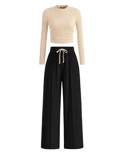 BTFBM Casual 2 Piece Sets For Women Fall Outfits 2026 Ribbed Spring Long Sleeve Crop Top Wide Leg Pants Matching Lounge Set(Beige Black, XX-Large) - Image 1