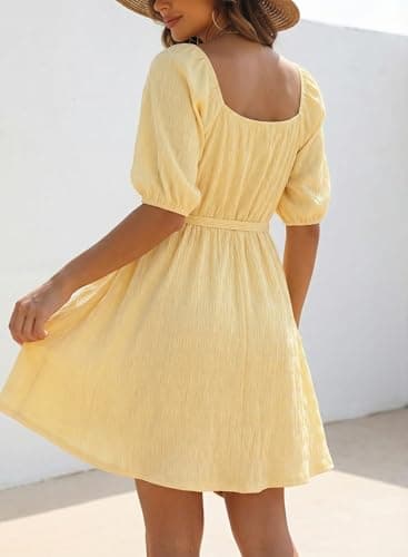 Dokotoo Dresses for Women 2026 Elegant Textured Tie Waist Button Backless Dress Short Lantern Sleeve Square-Neck Ruffle Summer Yellow Dress Plus Size A Line Dresses Small - Thumbnail 6