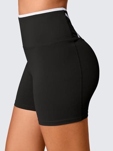 Aoysky Womens Workout Biker Shorts 5" Color Block High Waisted Yoga Athletic Shorts Black - Thumbnail 3