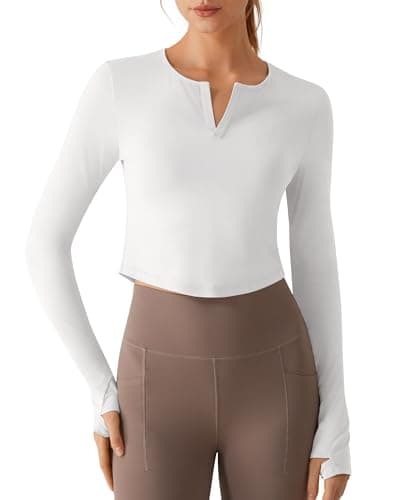 G4Free Cropped Long Sleeve Workout Tops for Women UPF 50+ Thumbholes Crew Neck Slim Fit for Athletic Training(White,XS) - Image 1