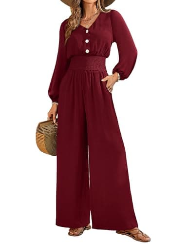LOOKBOHO Womens Long Sleeve Jumpsuits 2026 V Neck High Waist Wide Leg Romper Dressy Casual One Piece Outfits Wine Red Medium - Image 1