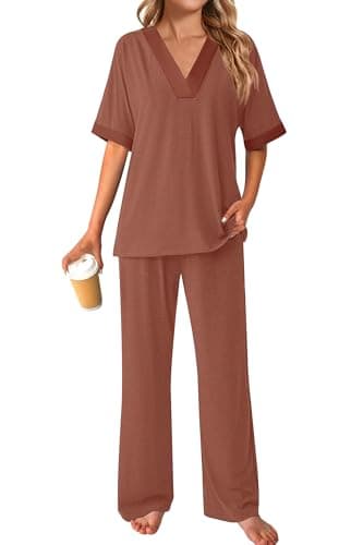 GKBK Womens Two Piece Outfits Pajama Sets 3/4 Dolman Sleeve V Neck Sleepwear Nightwear Loungewear Matching Pjs 2 Piece Lounge Set Lightweight Sweatsuit Fall Fashion Ooutfit Brown M - Thumbnail 6